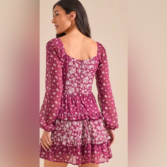 NWT Altar’d State | Women’s plum Theresa tiered white floral lined mini dress, L - Picture 2 of 16
